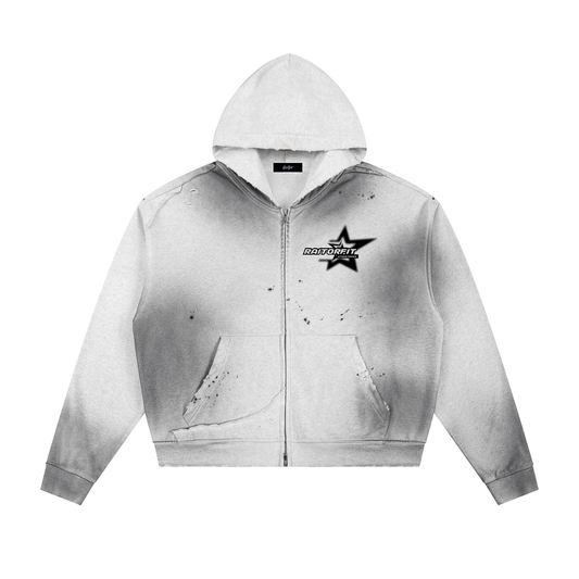 Sun Fade Frayed Raw Edge Fleece Zip Hoodie