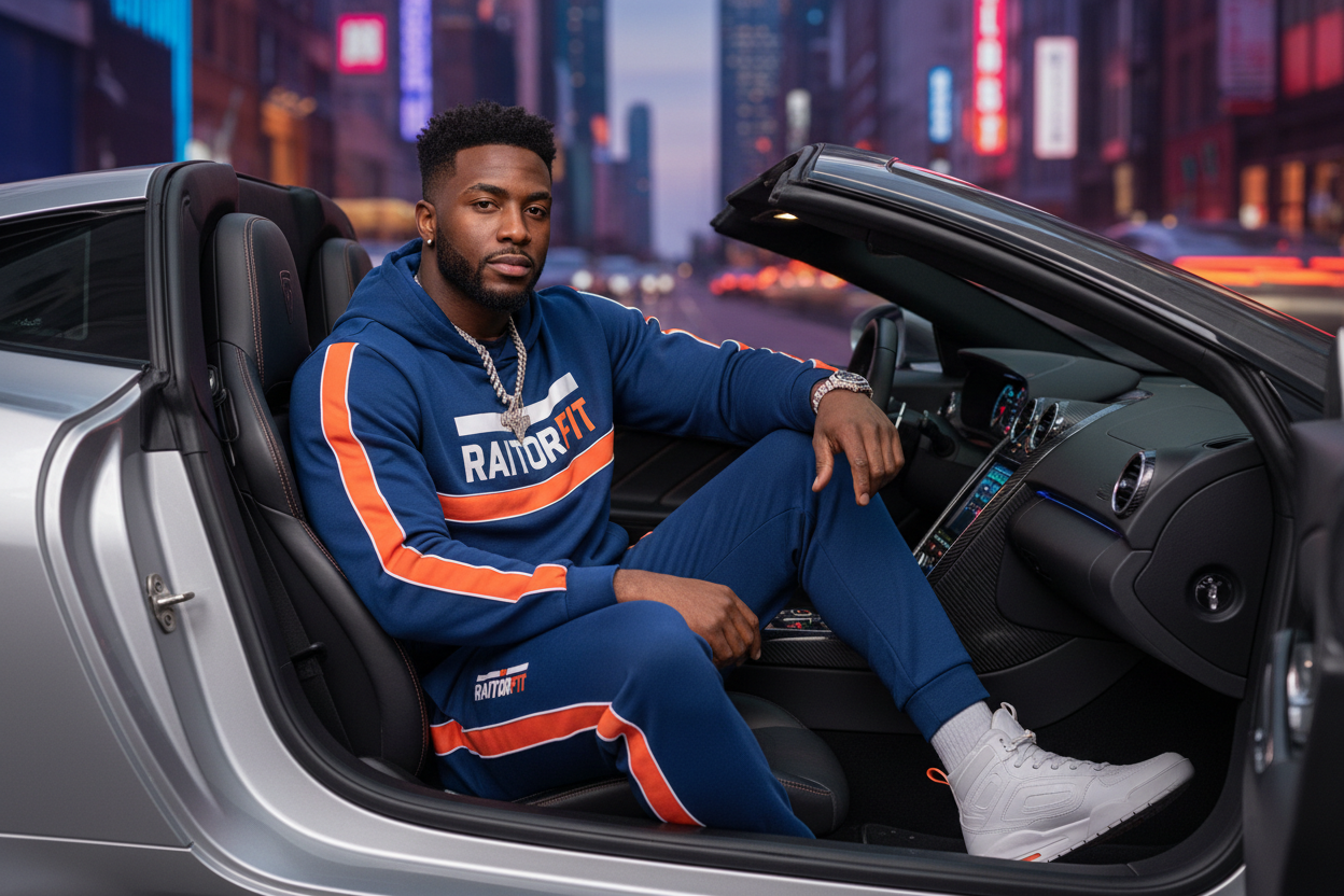 Black man in a sportscar with raitofit clothes on