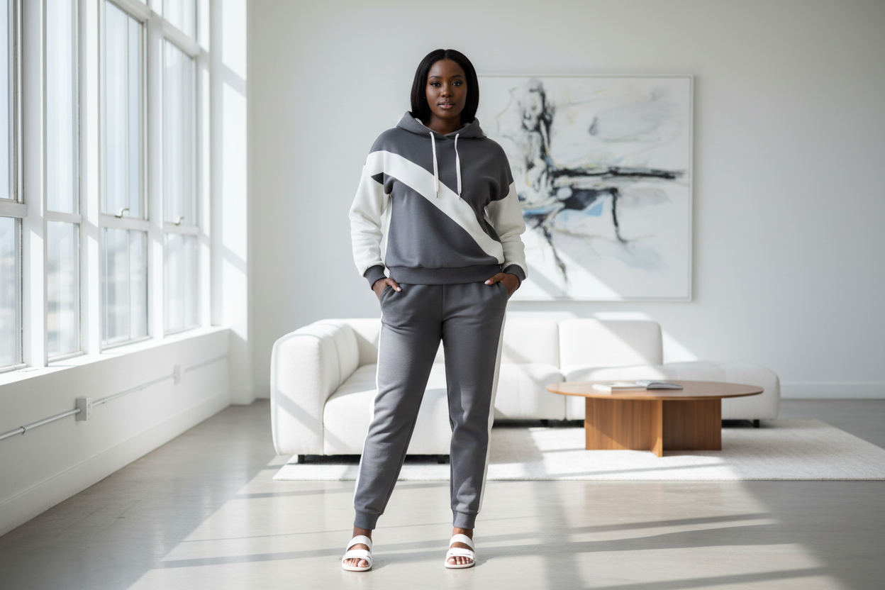 Black woman in a grey and white sweatsuit