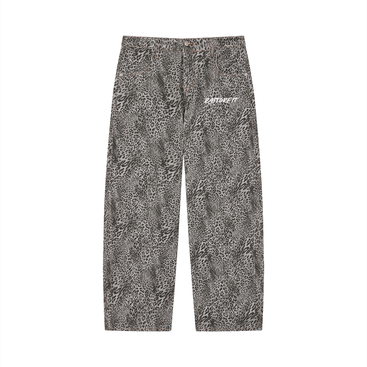 Unisex Vintage Wash Leopard Wide Leg Jeans