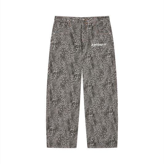 Unisex Vintage Wash Leopard Wide Leg Jeans